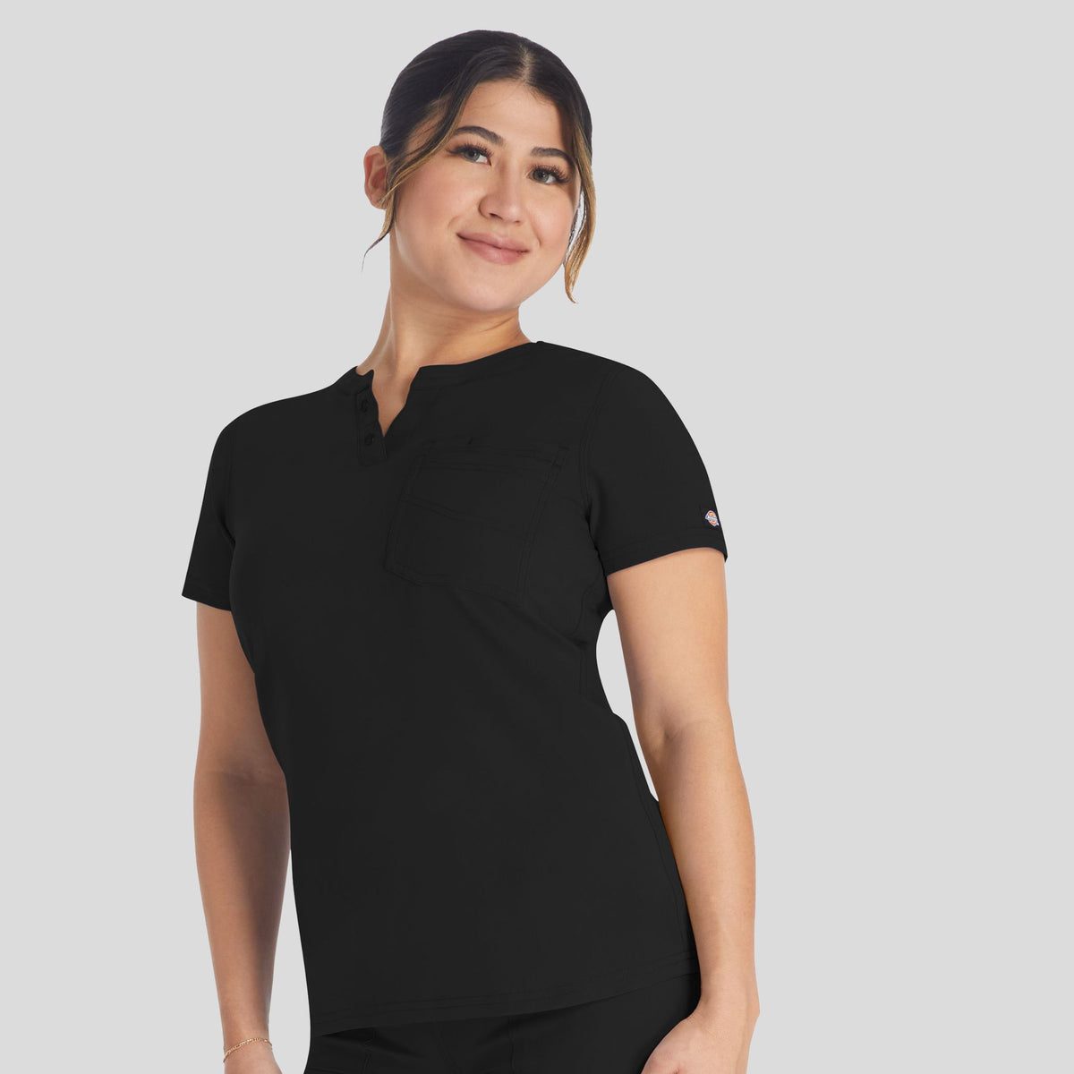 Women's Round Neck Henley Scrub Top | Black
