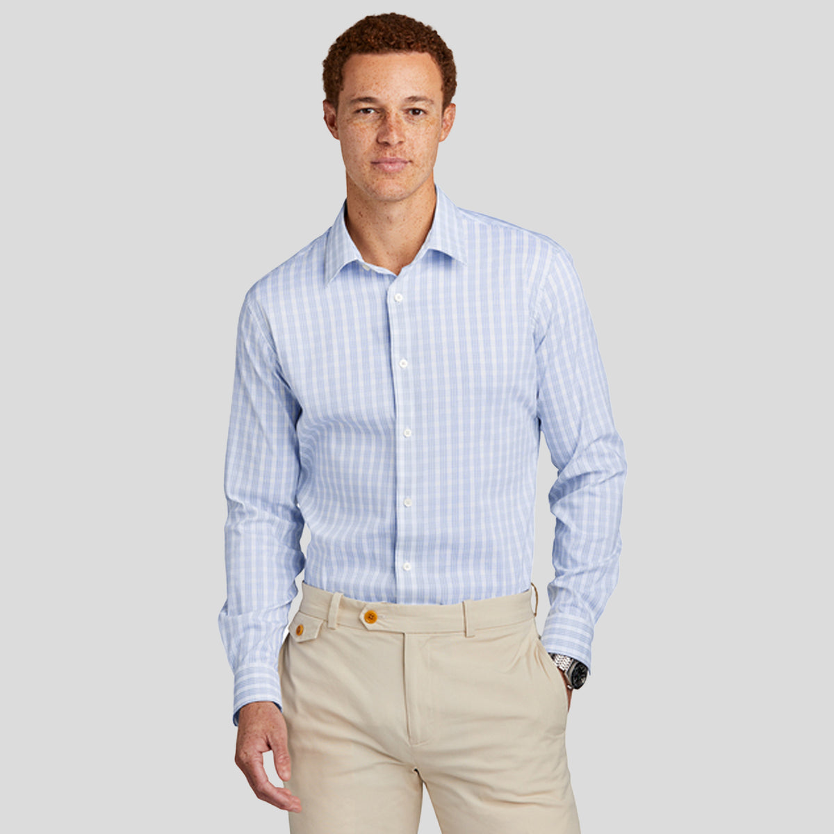 Tech Stretch Patterned Shirt | White/Newport Blue Grid Check