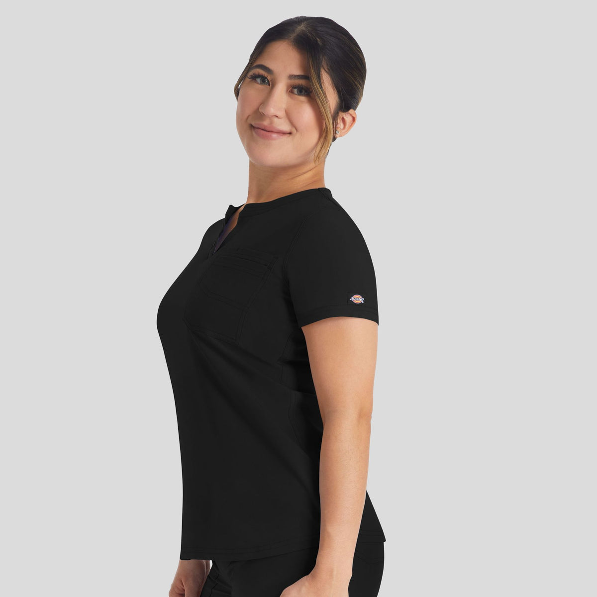 Women's Round Neck Henley Scrub Top | Black