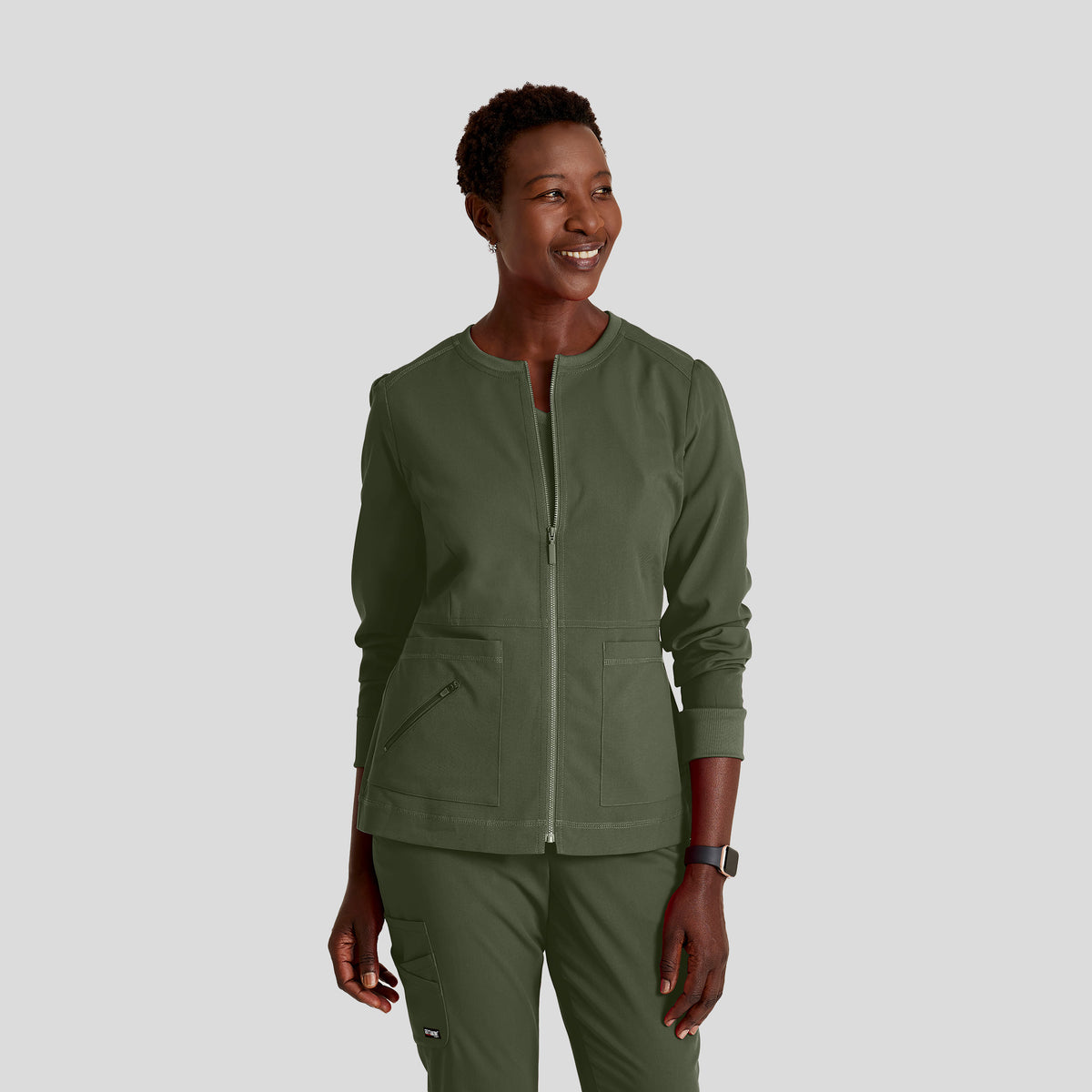 Millie 3-Pocket Crewneck Scrub Jacket | Olive