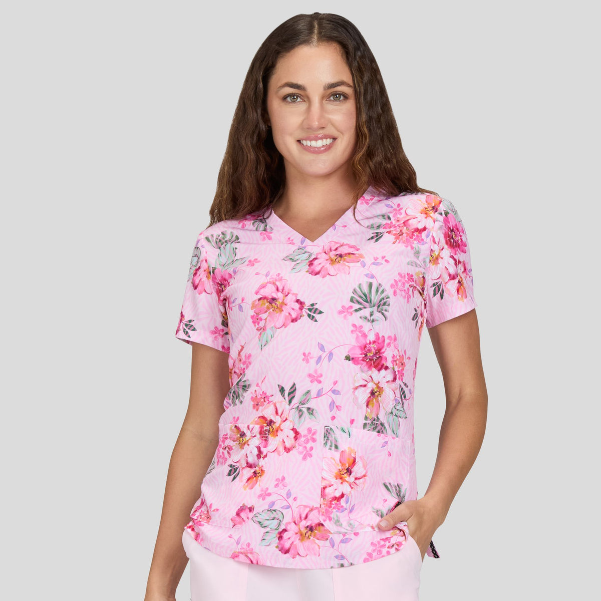 Women's 2-Pocket Print Scrub Top | Spring Festival Pink